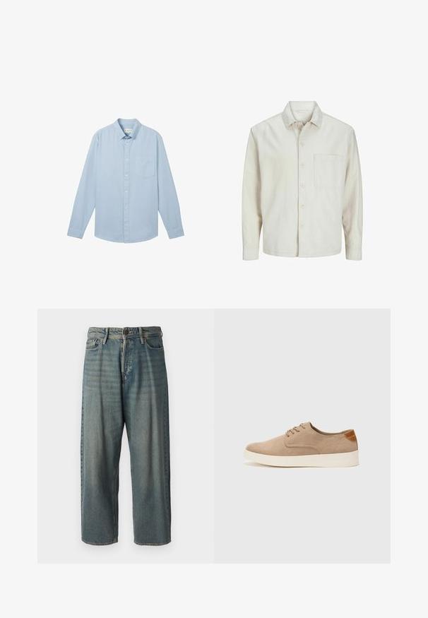 Beige painasärk, mis on valmistatud puuvillast, klassikalise kraega, pika varrukaga, ühe rinna taskuga ja lõdva lõikega. Sile, pehme tekstuur.; Vaaleansininen pitkähihaisuus paita, joka on valmistettu tekstuurilla varustetusta kankaasta. Paidassa on napitettava kaulus ja yksi rintatasku.; Vaaleansiniset farkut, joissa on väljä istuvuus, keskikorkea vyötärö ja suorat lahkeet. Ominaisuuksiin kuuluvat viisi taskua, vyölenkit ja nappisulku.; Beige nubuck-lenkkarit, joissa on pyöreä kärki, nauhakiinnitys ja teksturoitu takaosa. Valkoinen kumipohja tuo kontrastia. Yksinkertainen ja moderni muotoilu.