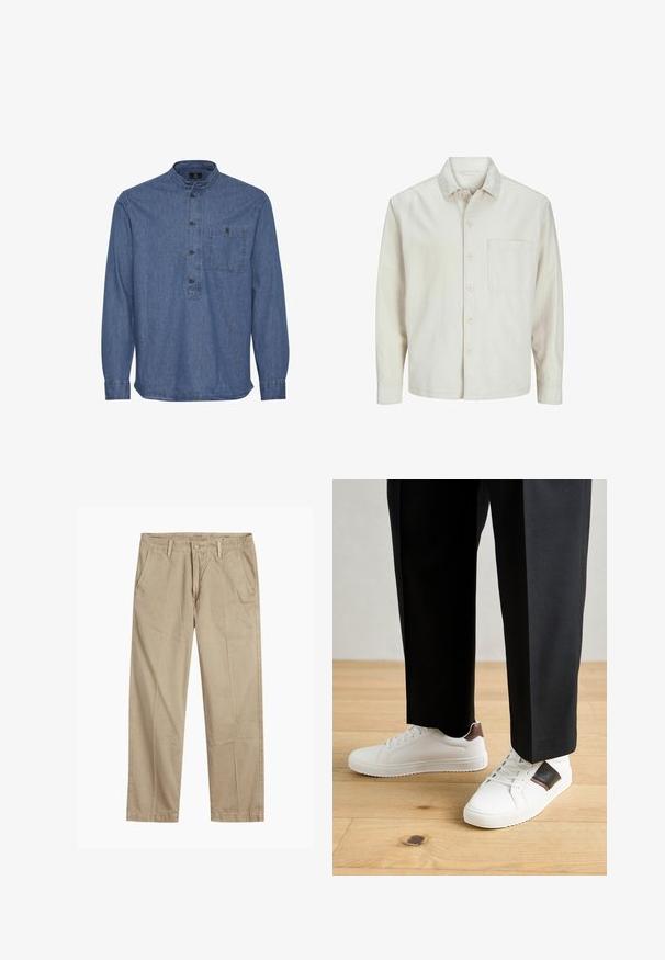 Beige színű, pamut anyagú gombos ing, klasszikus gallérral, hosszú ujjakkal, egy mellzsebbel és laza szabással. Sima, puha tapintású.; Középkék farmering. Bandiszínű gallérral, elől gombos záródással és egyetlen mellzsebbel rendelkezik. Hosszú ujjú, fodros részletekkel.; Beige egyenes szárú chino nadrág övhurkokkal, elülső gombos és cipzáras záródással, valamint ferde elülső zsebekkel.; Fehér sneaker, sima textúrával, barna bőr díszítéssel és fekete részletekkel, fekete szabott nadrággal párosítva. Fából készült padló háttér.