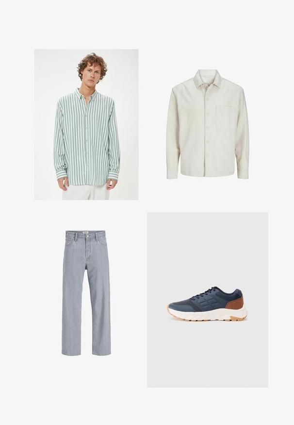 Beige painasärk, mis on valmistatud puuvillast, klassikalise kraega, pika varrukaga, ühe rinna taskuga ja lõdva lõikega. Sile, pehme tekstuur.; Kevyt napillinen paita, jossa on pystysuorat teal- ja valkoiset raidat, kaulus, yksi rinnatasku sekä pitkät hihat raidoitetuilla hihansuilla.; Vaaleansiniset farkut rento istuvuus, suorat lahkeet, näkyvät saumat, kaksi etutaskua ja napitus.; Tummansininen urheilukengät, joissa on ruskea kantaosa, teksturoitu verkko-osa, pehmustettu kaulus ja valkoinen kumipohja, jossa on kuvioitu pito.