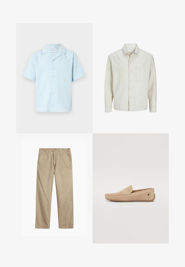 Beżowa koszula z długim rękawem wykonana z bawełny, z klasycznym kołnierzykiem, jedną kieszenią na piersi i luźnym krojem. Gładka, miękka faktura.; Koszula z krótkim rękawem w jasnoniebieskim kolorze, z kołnierzykiem w kształcie litery V i miękką teksturą z delikatnym wzorem, z sześcioma guzikami z przodu.; Beżowe chinosy o prostym kroju z pętlami na pasek, przednim zapięciem na guzik i zamek błyskawiczny oraz skośnymi kieszeniami z przodu.; Jack & Jones JFWJENSEN beżowy