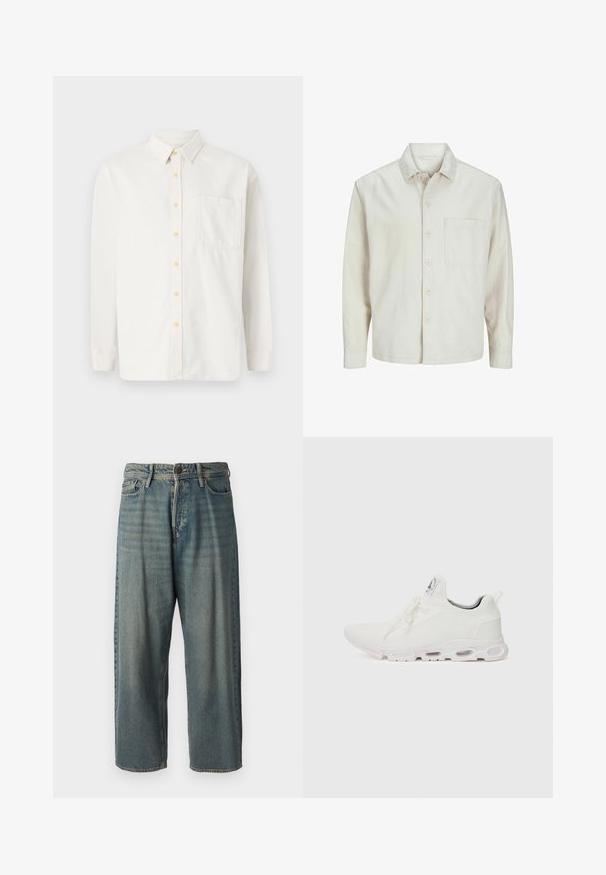 Chemise beige à manches longues en coton, avec un col classique, une poche poitrine et une coupe décontractée. Texture lisse et douce.; Chemise blanche à manches longues en mélange de coton, avec un col boutonné, des boutons jaunes et une poche poitrine unique. Coupe classique.; Jeans en denim bleu clair avec une coupe ample, taille mi-haute et jambes droites. Comprend cinq poches, des passants de ceinture et une fermeture à bouton.; Baskets blanches de sport avec un dessus en maille texturée, des lacets plats et une semelle rembourrée avec des chambres à air visibles pour un soutien supplémentaire.