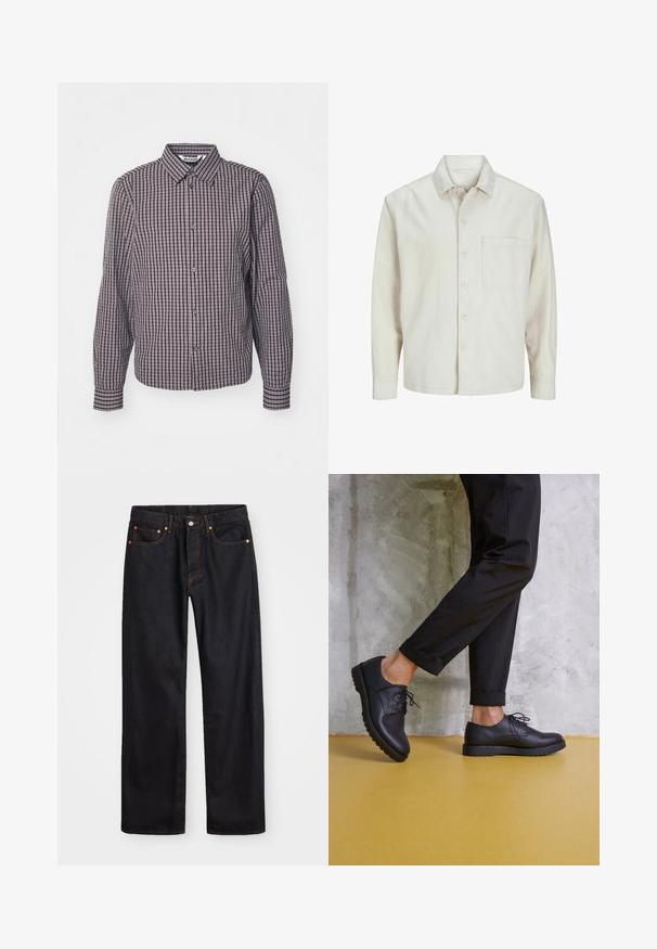 Beige knäppskjorta i bomull med klassisk krage, långa ärmar, en bröstficka och en avslappnad passform. Slät, mjuk textur.; Skjorta med knapp-up, lång ärm, vertikalt och horisontellt rutmönster i marinblått och vinrött, krage och två framknappar.; Svart denimjeans för män med rak passform, fem fickor och orangea sömmar, med knäppning och dragkedja fram i midjan.; Svarta läder snörskor med rund tå, texturerad yta och tjock gummisula. Med svarta uppvridna byxor mot en betongbakgrund.