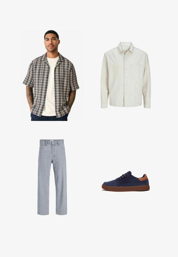 Camisa de botón de color beige hecha de algodón, con un cuello clásico, mangas largas, un bolsillo en el pecho y un corte relajado. Textura suave y lisa.; Camisa de manga corta con un patrón de cuadros en colores azul marino, crema y óxido, hecha de tejido entrelazado con un corte relajado y diseño de cuello abierto.; Jeans de mezclilla azul claro con un ajuste holgado, diseño de pierna recta, costuras visibles, dos bolsillos frontales y cierre de botón.; Zapatillas de gamuza azul marino con acento de cuero marrón en el talón, puntera redonda y suela de goma marrón. Presenta cordones y un branding mínimo en el costado.