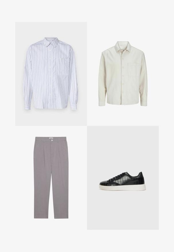 Bež košulja s dugim rukavima od pamuka, klasičnog ovratnika, s jednom džepom na prsima i opuštenim krojem. Glatka, meka tekstura.; Bijela košulja s dugim rukavima i vertikalnim mornarskim prugama, klasičnog kragne, s džepom na prsima. Glatka tkanina i opušteni kroj.; Sive krojene hlače ravnog kroja, s dva prednja džepa, nabranim detaljima i kopčanjem na dugme. Izrađene od laganog materijala.; Crne tenisice s teksturiranom gornjom površinom od kože s uzorkom krokodila, zaobljenim vrhom i kontrastnom bijelom gumenom potplatom s glatkom završnom obradom.