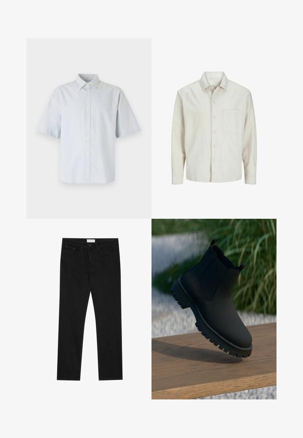 Bež srajca s gumbi, izdelana iz bombaža, s klasičnim ovratnikom, dolgimi rokavi, enim žepom na prsih in sproščenim krojem. Gladka, mehka tekstura.; Svetlo modra kratka srajca s kratkimi rokavi, narejena iz bombaža, z značilnim ovratnikom, sprednjim pasom z gumbi in sproščenim krojem.; Črne ravne jeans hlače s petimi žepi, z gumbom in zadrgo za zapiranje ter oznako blagovne znamke Pier One na pasu.; Črne gležnjarje z gladkim zaključkom, elastičnimi stranskimi ploščami in debelim, trpežnim podplatom. Postavljeni v naravnem okolju na lesenem površju.