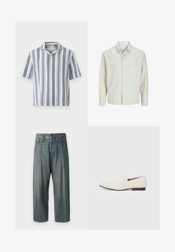 Šviesiai rudos spalvos medvilninis marškinis su klasikiniais atvartais, ilgomis rankovėmis, viena krūtine kišenė ir laisvas fasonas. Sklandus, minkštas paviršius.; Trumpas rankovėmis mygtukais užsegamas marškinis, papuoštas mėlynais ir baltais vertikaliais dryžiais, su nužymėtu apykakle ir tekstūruotu, lengvu audiniu.; Šviesiai mėlyni džinsai su laisvu siluetu, vidutinio aukščio juosmeniu ir tiesiomis kojomis. Su penkiais kišenėmis, diržo kilpo ir mygtukų uždarymu.; Šviesiai smėliniai loaferiai su smailiu pirštu, lygaus paviršiaus, dirželiu per viršų ir žema ruda padanga. Paprastas dizainas su minimaliais akcentais.