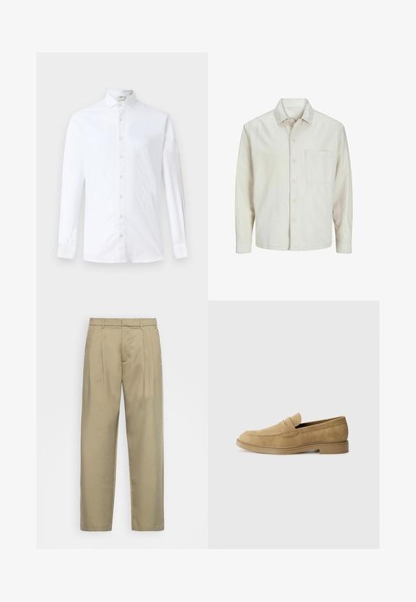 Béžová košeľa s gombíkmi vyrobená z bavlny, s klasickým golierom, dlhými rukávmi, jednou náprsní kapsou a voľným strihom. Hladká, mäkká textúra.; Biely košeľový dlhý rukáv vyrobený z bavlny, s klasickým golierom, rovnom strihu a hladkou textúrou so zodpovedajúcimi gombíkmi.; Béžové, vysoké nohavice s rovnými nohavicami, s plochým predným dielom, bočnými vreckami a hladkým, textúrovaným materiálom.; Hnedé semišové mokasíny s zaoblenou špičkou, nízkým blokovým podpätkom a prešívaním na hornom diele. Hladká štruktúra a minimalistický dizajn.