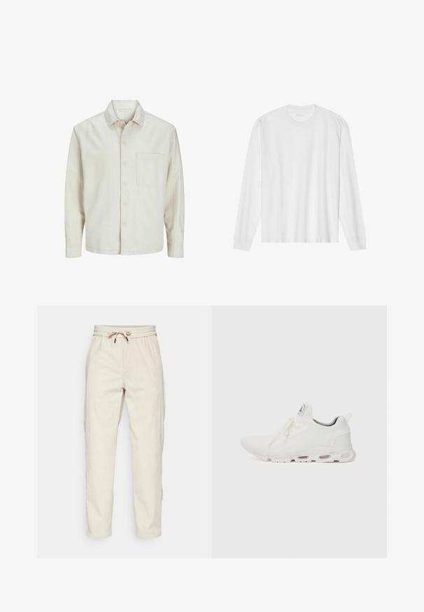 Camisa de botón de color beige hecha de algodón, con un cuello clásico, mangas largas, un bolsillo en el pecho y un corte relajado. Textura suave y lisa.; Camiseta de algodón blanca de manga larga con cuello redondo y puños acanalados. Diseño simple y sin adornos, con una textura suave y corte estándar.; Pantalones de corduroy de color beige claro con una cintura elástica ajustable, bolsillos laterales y un corte relajado, con textura acanalada y perneras ajustadas.; Zapatillas deportivas blancas con un upper de punto texturizado, cordones planos y una suela acolchada con cámaras de aire visibles para mayor soporte.