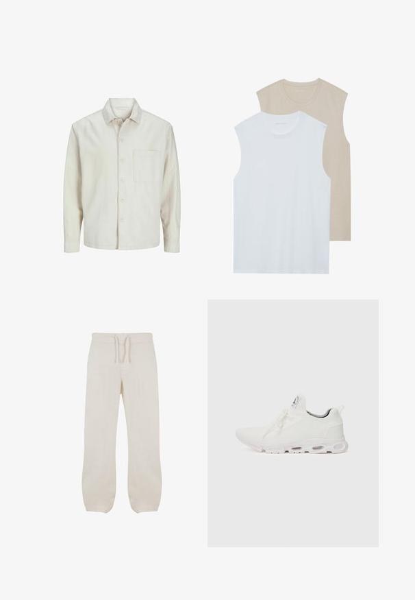 Chemise beige à manches longues en coton, avec un col classique, une poche poitrine et une coupe décontractée. Texture lisse et douce.; Deux chemises sans manches : l'une blanche, l'autre beige clair. Les deux ont un encolure ras du cou et sont fabriquées dans un tissu doux et lisse avec une coupe décontractée.; Pantalons en lin beige clair avec une taille élastique et un cordon de serrage. Design à jambe droite avec une texture lisse et un léger rétrécissement aux chevilles.; Baskets blanches de sport avec un dessus en maille texturée, des lacets plats et une semelle rembourrée avec des chambres à air visibles pour un soutien supplémentaire.
