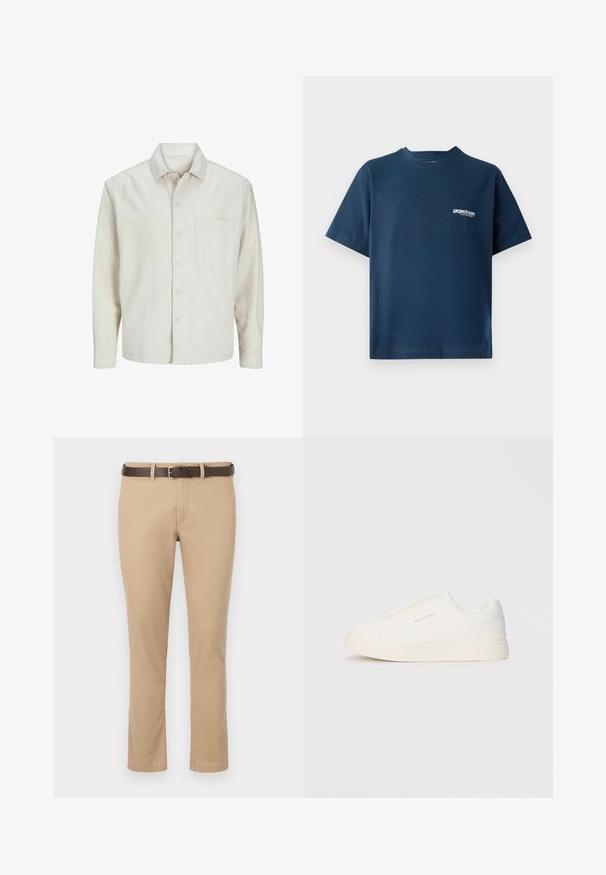 Cămașă bej cu nasturi, din bumbac, cu guler clasic, mâneci lungi, un buzunar la piept și o croială lejeră. Textură netedă și moale.; Tricou din bumbac de culoare albastru marin, cu mâneci scurte și decolteu rotund. Prezentând un mic logo alb în zona stângă a pieptului. Textură moale.; Pantaloni kaki cu croială dreaptă, din bumbac, cu un curea din piele maro și cataramă argintie. Textură netedă, fără modele.; Tenisi albi slip-on cu o suprafață texturată, talpă groasă și un design minimalist. Prezintă logo-ul brandului pe lateral.