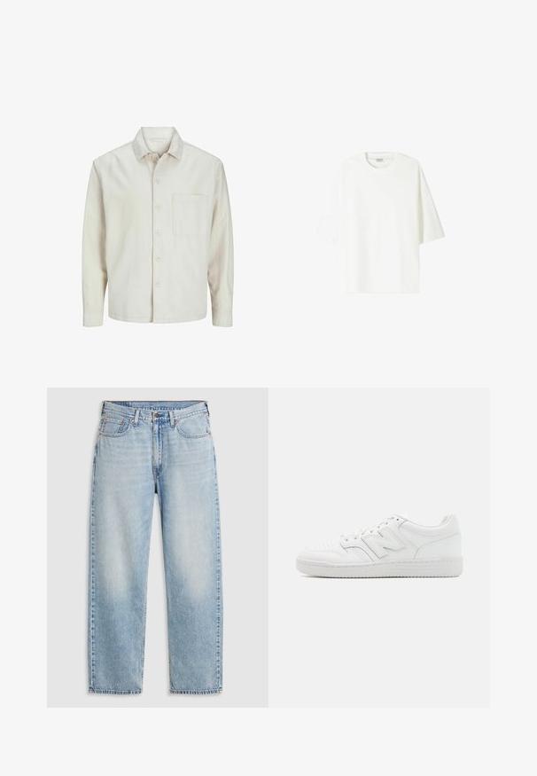 Beige painasärk, mis on valmistatud puuvillast, klassikalise kraega, pika varrukaga, ühe rinna taskuga ja lõdva lõikega. Sile, pehme tekstuur.; Valkoinen lyhythihainen T-paita, joka on valmistettu puuvillasta. Paita on pyöreäkauluksinen ja siinä on rento istuvuus sekä suora helma.; Vaaleansiniset suorat farkut viidellä taskulla, metallinapilla kiinnitys ja haalistuneet yksityiskohdat reidissä ja polvissa, asetettuna tasaisesti valkoista taustaa vasten.; Valkoiset tennarit, jotka on valmistettu sileästä nahasta. Niissä on perforoitu varpaat, teksturoitu kumipohja, litteät nauhat ja korostettu 'N' -logo sivussa.