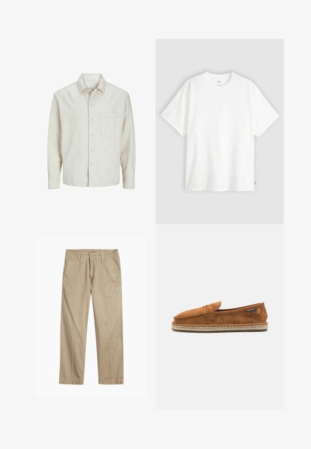 Beige pogrieta krekls no kokvilnas ar klasisku apkakli, garām piedurknēm, vienu krūšpocketu un brīvu piegriezumu. Gluda, maiga tekstūra.; Balta īslaicīga T-krekla ar īsām piedurknēm, kas izgatavots no kokvilnas, ar apaļu kakla izgriezumu. Priekšpusē ir smalks reljefs ar logotipu un sarkans birka apakšmalā.; Beigās taisnās kājas chinos bikses ar jostas cilpām, priekšējo pogu un rāvējslēdzēja aizdari, kā arī slīpām priekšējām kabatām.; Brūni zamšādas slidampēšanas kurpes ar noapaļotu purngalu, ar austu jutu zoli un mazu akcenta siksniņu priekšpusē.