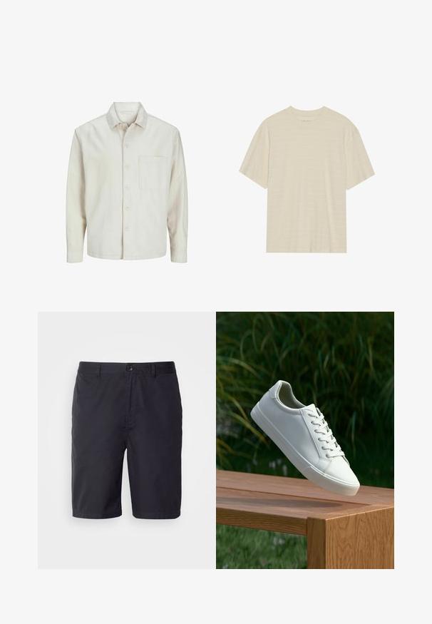 Beige Hemd mit Knopfleiste aus Baumwolle, klassischem Kragen, langen Ärmeln, einer Brusttasche und lockerer Passform. Glatte, weiche Textur.; Cremfarbener T-Shirt mit kurzen Ärmeln, das über eine subtile gestreifte Textur und einen runden Ausschnitt verfügt, aus leichtem Stoff gefertigt.; Marineblaue Shorts aus leichtem Baumwollstoff, mit Knopfverschluss, Gürtelschlaufen und einem geraden Schnitt knapp über dem Knie.; Weiße Schnürsneaker, die über einer Holzbank mit grünem Laub im Hintergrund schweben und das Schuhdesign sowie die Textur zeigen.