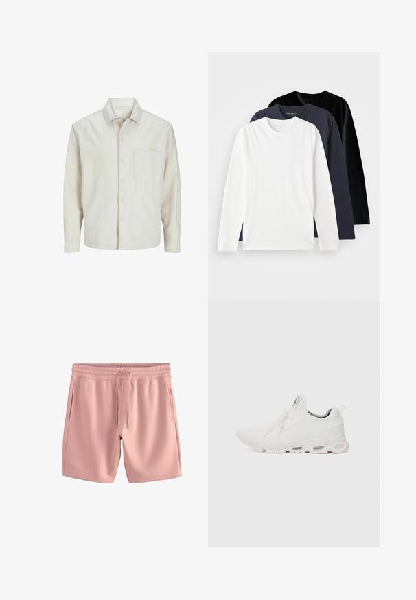 Beige Hemd mit Knopfleiste aus Baumwolle, klassischem Kragen, langen Ärmeln, einer Brusttasche und lockerer Passform. Glatte, weiche Textur.; Drei langärmelige T-Shirts gestapelt: eines in Weiß, eines in Dunkelblau und eines in Schwarz. Aus glattem Baumwollstoff gefertigt, mit runden Ausschnitten und seitlichen Schlitzen.; Helle rosa Shorts aus weichem Stoff, mit einem elastischen Taillenbund und verstellbarem Kordelzug. Sie verfügen über zwei seitliche Taschen und eine lockere Passform.; Weiße Sportschuhe mit einem strukturierten Strickobermaterial, flachen Schnürsenkeln und einer gepolsterten Sohle mit sichtbaren Luftkammern für zusätzlichen Halt.