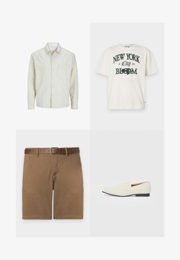Cămașă bej cu nasturi, din bumbac, cu guler clasic, mâneci lungi, un buzunar la piept și o croială lejeră. Textură netedă și moale.; Tricou din bumbac de culoare crem, cu mâneci scurte, având un design imprimat care spune "NEW YORK, un Oraș în FLORĂ" în verde închis.; Șorturi din bumbac maro cu o suprafață texturată, prevăzute cu un brâu din piele maro cu prindere din metal argintiu și croi clasic drept.; Loafers bej cu un vârf ascuțit, dintr-un material neted, cu o bandă peste vamp și o talpă joasă maro. Design simplu cu accente minime.