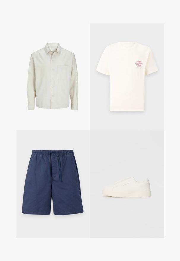 Beżowa koszula z długim rękawem wykonana z bawełny, z klasycznym kołnierzykiem, jedną kieszenią na piersi i luźnym krojem. Gładka, miękka faktura.; Biała koszulka z krótkim rękawem z czerwonym napisem "Studio Originals Edition" po lewej stronie klatki piersiowej, wyeksponowana na neutralnym szarym tle.; Granatowe shorty wykonane z lekkiego materiału, z elastycznym pasem w talii i sznureczkiem, bocznymi kieszeniami oraz luźnym krojem.; Białe sneakersy wsuwane z teksturowanej powierzchni, grubą podeszwą i minimalistycznym designem. Zawierają logo marki z boku.