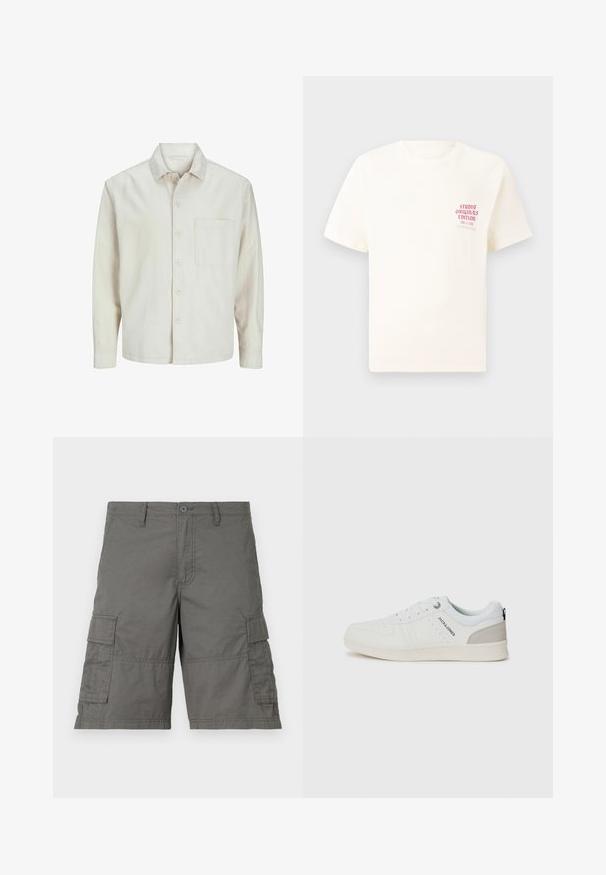 Camicia beige a bottoni realizzata in cotone con colletto classico, maniche lunghe, una tasca sul petto e una vestibilità rilassata. Texture liscia e morbida.; T-shirt bianco a maniche corte con testo rosso "Studio Originals Edition" sul lato sinistro del petto, esposto su uno sfondo grigio neutro.; Pantaloni cargo grigi con chiusura a bottone, numerose tasche laterali e dettagli di cucitura. Realizzati in tessuto leggero e resistente.; Sneaker bianche casual con un design perforato e accenti grigio chiaro, dotate di lacci e marchio sul lato, esposte su uno sfondo semplice.