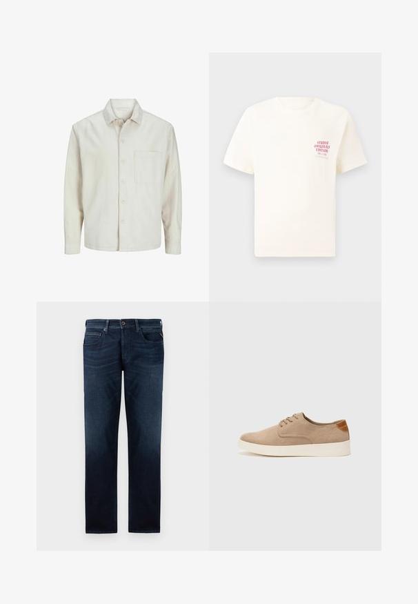 Cămașă bej cu nasturi, din bumbac, cu guler clasic, mâneci lungi, un buzunar la piept și o croială lejeră. Textură netedă și moale.; Tricou alb cu mânecă scurtă, având text roșu "Studio Originals Edition" pe partea stângă a pieptului, expus pe un fundal gri neutru.; Blugi de denim de un albastru închis, cu un design drept, stil cu cinci buzunare și un sistem de închidere cu nasture vizibil la talie. Textură netedă.; Tenisi din suede bej cu vârf rotund, sistem de șireturi în față și un accent texturat în spate. Talpa albă din cauciuc oferă un contrast. Design simplu și modern.