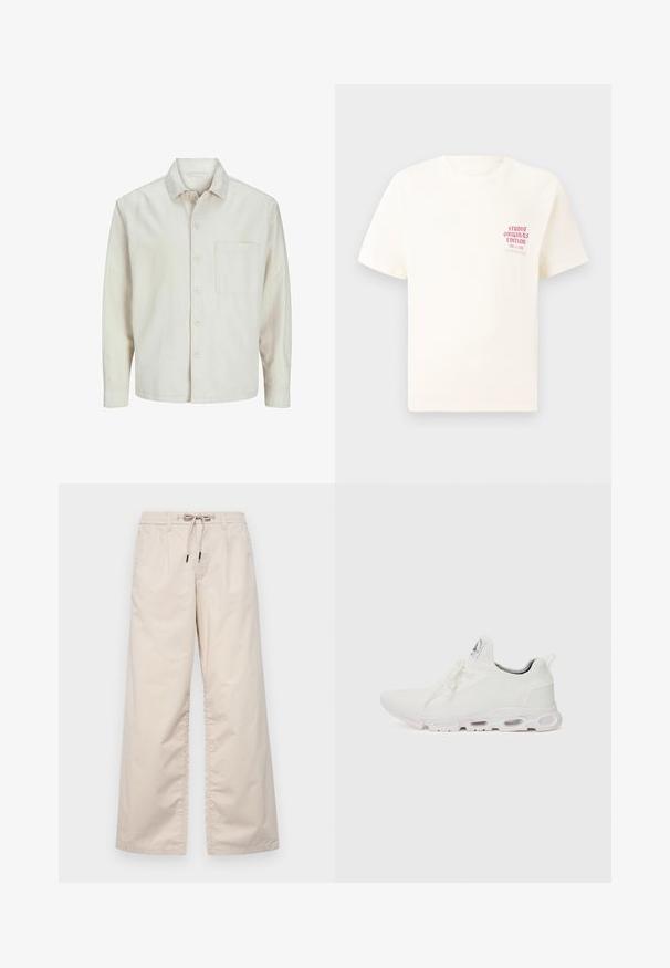 Chemise beige à manches longues en coton, avec un col classique, une poche poitrine et une coupe décontractée. Texture lisse et douce.; T-shirt blanc à manches courtes avec le texte rouge "Édition Originals du Studio" sur la poitrine gauche, présenté sur un fond gris neutre.; Pantalons larges beige clair avec une taille élastique et un cordon de serrage. Tissu en coton lisse avec deux plis à l'avant et sans poches visibles.; Baskets blanches de sport avec un dessus en maille texturée, des lacets plats et une semelle rembourrée avec des chambres à air visibles pour un soutien supplémentaire.