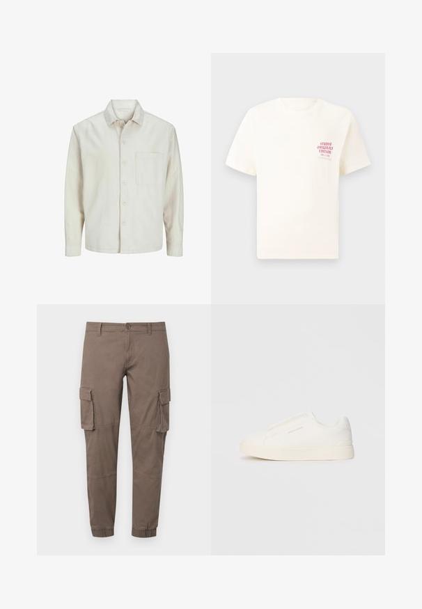 Beige button-up shirt made of cotton with a classic collar, long sleeves, one chest pocket, and a relaxed fit. Smooth, soft texture.; White short-sleeve T-shirt with red text "Studio Originals Edition" on left chest, displayed on a neutral gray background.; Cargo pants in a muted brown hue, made from lightweight fabric, featuring multiple side pockets, elastic cuffs, and a classic button fastening.; White slip-on sneakers with a textured surface, a thick sole, and minimalistic design. Features brand logo on the side.