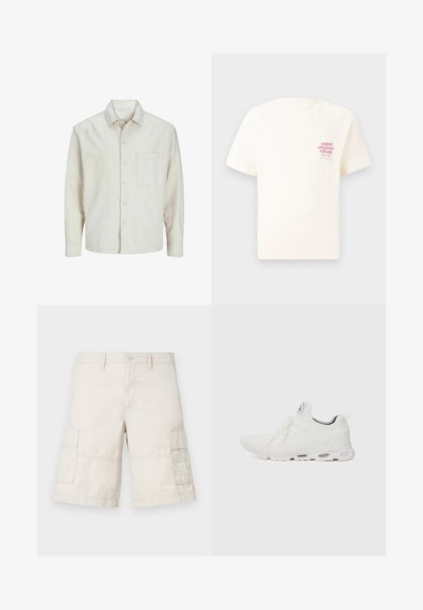 Beige overhemd met knopen, gemaakt van katoen, met een klassieke kraag, lange mouwen, één borstzak en een comfortabele pasvorm. Glad, zacht textuur.; Witte T-shirt met korte mouwen met rode tekst "Studio Originals Edition" op de linker borst, weergegeven op een neutrale grijze achtergrond.; Beige cargoshorts van lichtgewicht katoen, met twee zijzakken, een knoopsluiting aan de voorkant en stikseldetails.; Witte sportieve schoenen met een gestructureerde gebreide bovenkant, platte veters en een gevoerde zool met zichtbare luchtkamers voor extra ondersteuning.