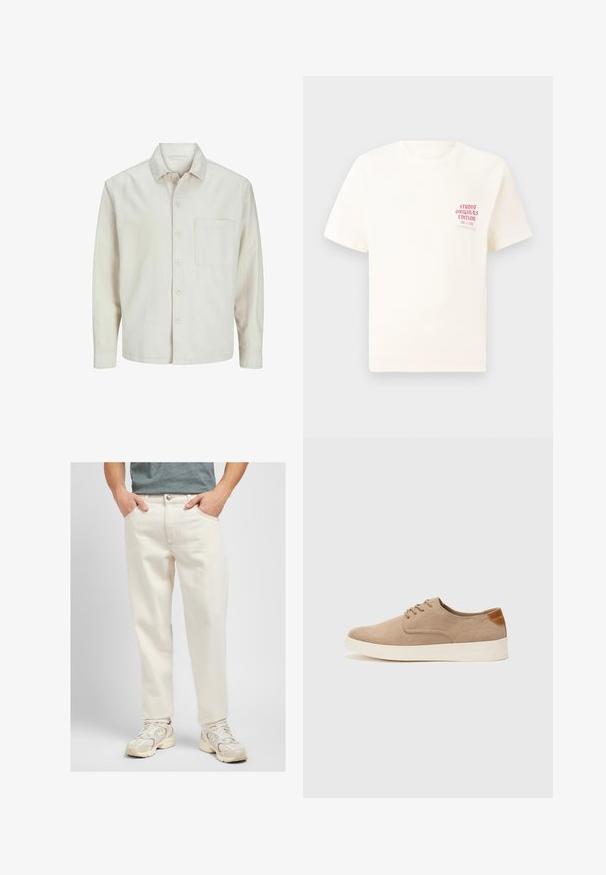 Camisa de botón de color beige hecha de algodón, con un cuello clásico, mangas largas, un bolsillo en el pecho y un corte relajado. Textura suave y lisa.; Camiseta blanca de manga corta con el texto rojo "Edición de Studio Originals" en el lado izquierdo del pecho, exhibida sobre un fondo gris neutro.; Lee OSCAR - Vaqueros boyfriend - off white; Zapatillas de ante beige con puntera redondeada, cordones en la parte delantera y un acento texturizado en la parte trasera. La suela de goma blanca proporciona contraste. Diseño sencillo y moderno.