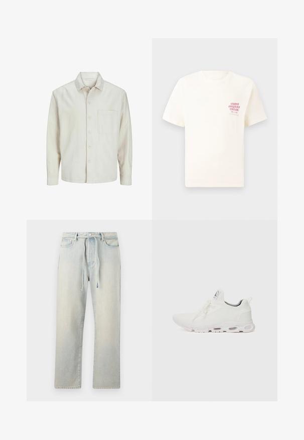 Cămașă bej cu nasturi, din bumbac, cu guler clasic, mâneci lungi, un buzunar la piept și o croială lejeră. Textură netedă și moale.; Tricou alb cu mânecă scurtă, având text roșu "Studio Originals Edition" pe partea stângă a pieptului, expus pe un fundal gri neutru.; Jeans din denim de culoare albastru deschis, cu o croială confortabilă, talie cu șnur, textură ușor decolorată și picioare drepte. Include buzunare clasice și cusături.; Adidași albi cu un superior din țesătură texturată, șireturi plate și o talpă cu perne de aer vizibile pentru suport suplimentar.