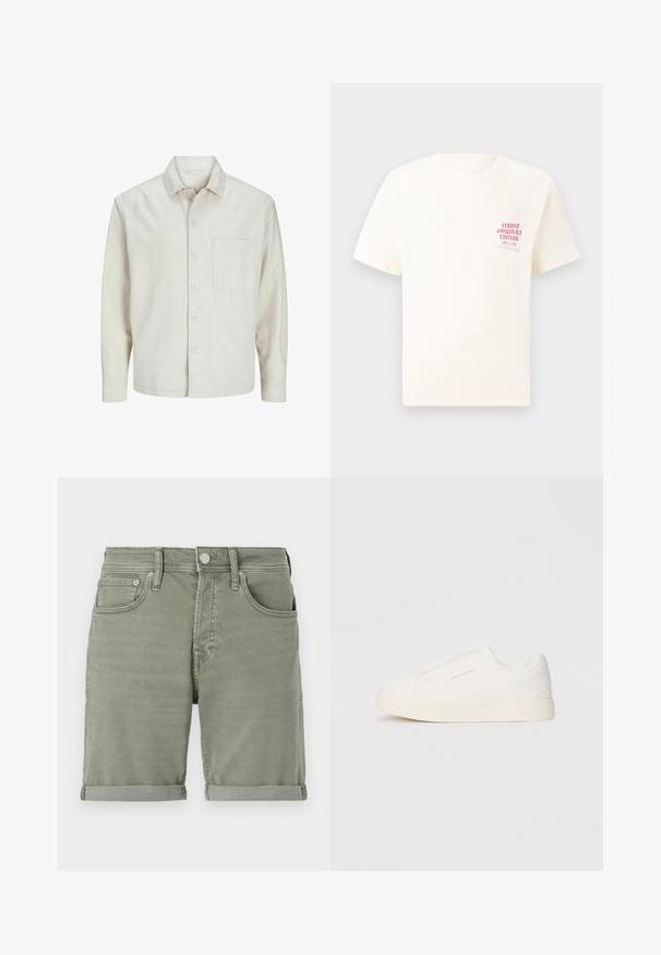 Cămașă bej cu nasturi, din bumbac, cu guler clasic, mâneci lungi, un buzunar la piept și o croială lejeră. Textură netedă și moale.; Tricou alb cu mânecă scurtă, având text roșu "Studio Originals Edition" pe partea stângă a pieptului, expus pe un fundal gri neutru.; Pantaloni scurți din denim verzi cu tiv răsucit, având buzunare frontale, sistem de închidere cu nasture și o ușoară decolorare pentru un aspect casual.; Tenisi albi slip-on cu o suprafață texturată, talpă groasă și un design minimalist. Prezintă logo-ul brandului pe lateral.
