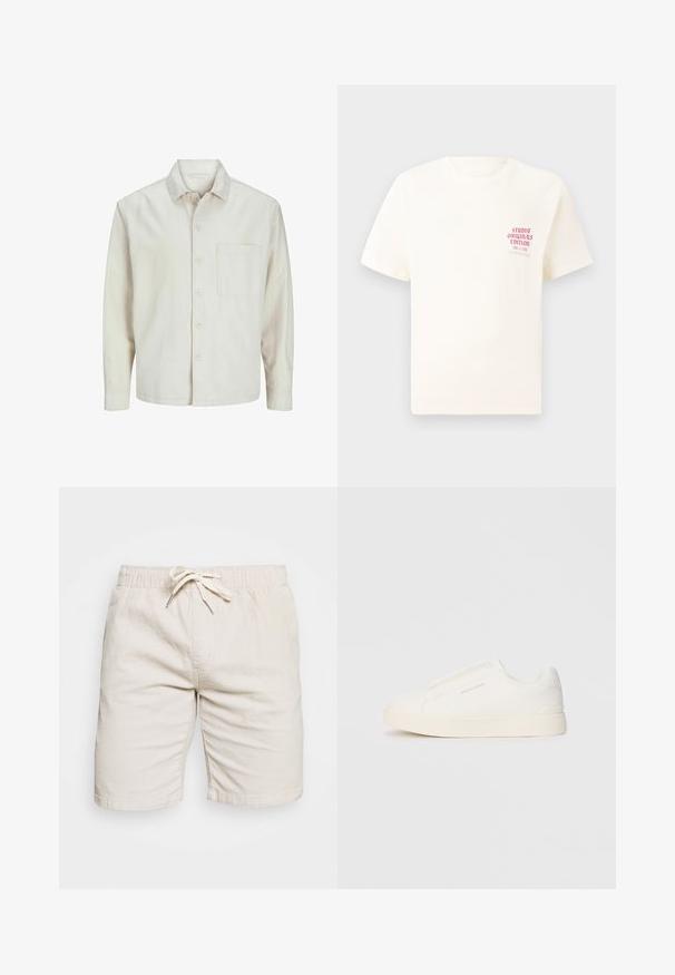 Šviesiai rudos spalvos medvilninis marškinis su klasikiniais atvartais, ilgomis rankovėmis, viena krūtine kišenė ir laisvas fasonas. Sklandus, minkštas paviršius.; Balta trumpa rankovėmis marškinėliai su raudonu užrašu "Studio Originals Edition" kairiajame krūtinės šone, rodomi neutralioje pilkoje aplinkoje.; Šviesiai rudos šortai, pagaminti iš lengvos medžiagos, su elastinga juosmeniu ir raišteliu. Turi dvi šonines kišenes ir textured paviršių.; Baltos slip-on sportbačiai su tekstūruota paviršiumi, storesniu padu ir minimalistišku dizainu. Šone matosi prekės ženklo logotipas.
