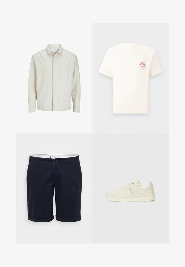 Beige button-up shirt made of cotton with a classic collar, long sleeves, one chest pocket, and a relaxed fit. Smooth, soft texture.; White short-sleeve T-shirt with red text "Studio Originals Edition" on left chest, displayed on a neutral gray background.; Navy blue shorts made of cotton fabric, featuring a flat front, rolled cuffs, and a single front button closure.; Cream-colored sneaker with perforated detailing, laces, and logo on the side, displayed against a plain white background.