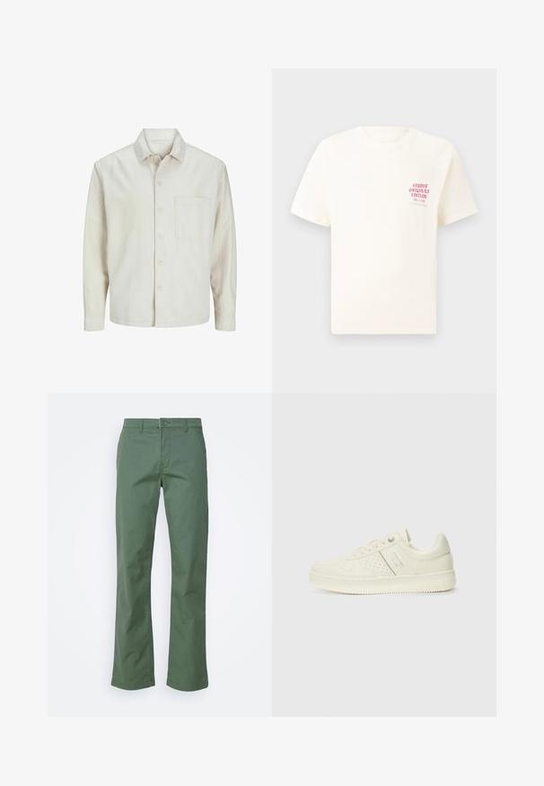 Beige knap-skjorte lavet af bomuld med klassisk krave, lange ærmer, en brystlomme og en afslappet pasform. Glat, blød tekstur.; Hvid kortermet T-shirt med rød tekst "Studio Originals Edition" på venstre bryst, vist på en neutral grå baggrund.; Grønne bomuldsbukser med lige ben-design, der har en frontal knaplukning og sidelommer. Glat tekstur og uden mønstre.; Cremefarvet sneaker med perforeret detaljering, snørebånd og logo på siden, præsenteret mod en simpel hvid baggrund.