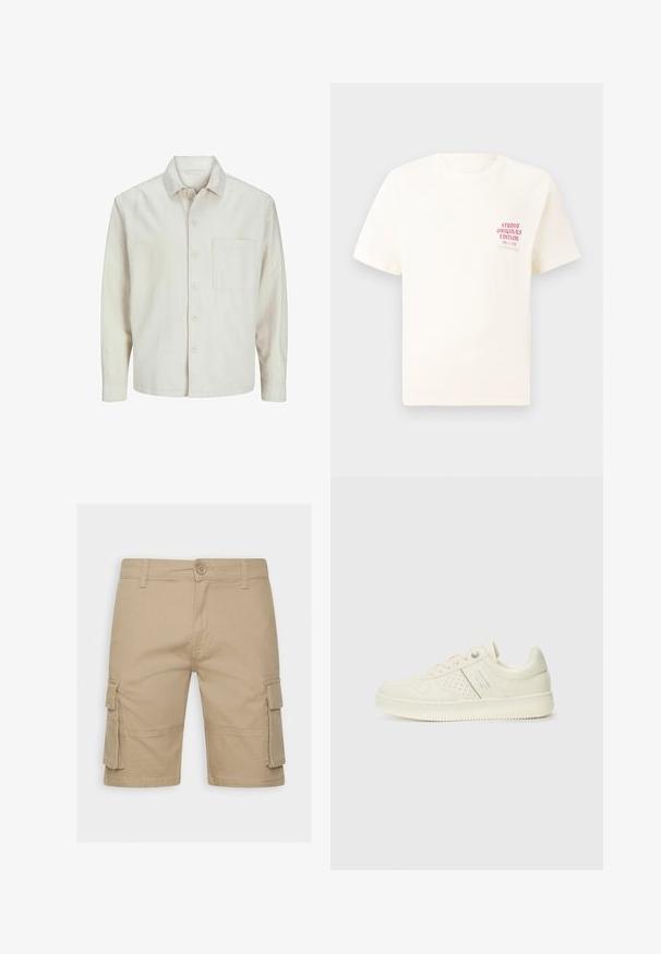 Beige button-up shirt made of cotton with a classic collar, long sleeves, one chest pocket, and a relaxed fit. Smooth, soft texture.; White short-sleeve T-shirt with red text "Studio Originals Edition" on left chest, displayed on a neutral gray background.; Beige cargo shorts made of lightweight fabric. Features include side pockets, a button closure, and a straight cut with stitched detailing.; Cream-colored sneaker with perforated detailing, laces, and logo on the side, displayed against a plain white background.