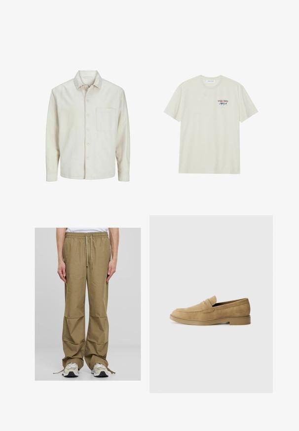 Šviesiai rudos spalvos medvilninis marškinis su klasikiniais atvartais, ilgomis rankovėmis, viena krūtine kišenė ir laisvas fasonas. Sklandus, minkštas paviršius.; Šviesiai kreminis medvilnės marškinėliai su trumpomis rankovėmis. Yra mažas mėlynas ir raudonas piešinys su marlinu bei „MARLIN TROPHY“ tekstas.; Šviesiai chaki spalvos cargo kelnės su elastingu juosmeniu, raišteliu ir plačiu, laisvu siluetu. Yra šoninės kišenės ir šiurkštus audinio paviršius.; Smėliniai odiniai loaferiai su apvaliu pirštu, žemu blokuoto kulno ir siūlėmis ant viršutinės dalies. Lygi tekstūra ir minimalistiškas dizainas.