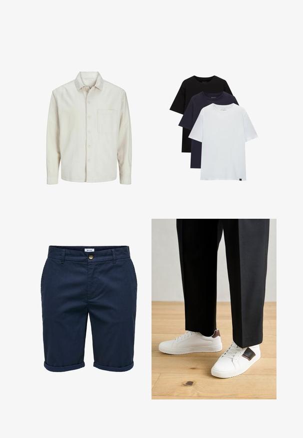 Beige Hemd mit Knopfleiste aus Baumwolle, klassischem Kragen, langen Ärmeln, einer Brusttasche und lockerer Passform. Glatte, weiche Textur.; Drei regulär geschnittene T-Shirts in Schwarz, Marineblau und Weiß. Jedes hat kurze Ärmel, einen Rundhalsausschnitt und eine glatte Baumwolltextur.; Marineblaue Shorts aus strukturiertem Stoff mit Knopfverschluss, umgeschlagenen Säumen und Seitentaschen, die ein dezentes Muster aufweisen.; Weiße Sneakers mit glatter Textur, versehen mit braunen Lederakzenten und schwarzen Details, kombiniert mit schwarzen maßgeschneiderten Hosen. Hintergrund aus Holzboden.