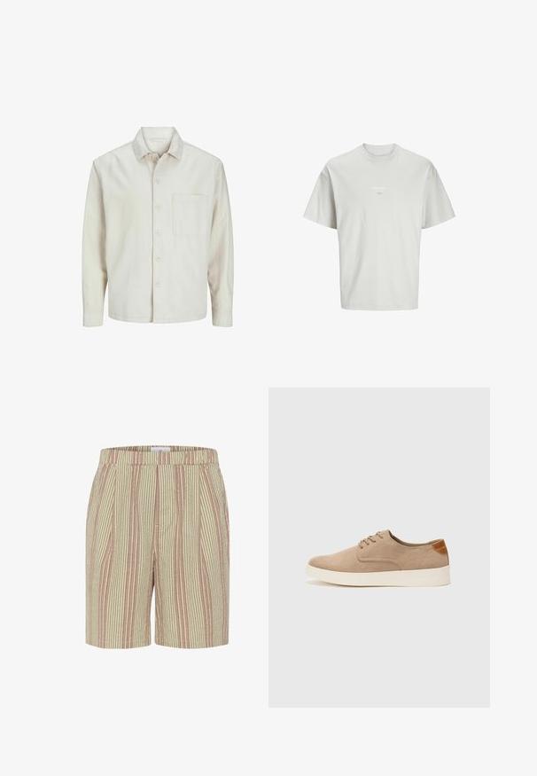 Beige knap-skjorte lavet af bomuld med klassisk krave, lange ærmer, en brystlomme og en afslappet pasform. Glat, blød tekstur.; Lys grå kortærmet t-shirt lavet af blødt stof. Har rund hals og småt tekst "ESS.WRD." trykt på forsiden.; Stribede shorts i beige og lys pink, med et tekstureret stof, elastisk linning og sidelommer. Midt-lår længde.; Beige ruskinds sneakers med rund tå, snørebånd foran og en struktureret rygdetalje. Hvid gummisål giver kontrast. Enkel og moderne design.