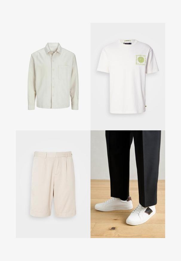 Béžová košeľa s gombíkmi vyrobená z bavlny, s klasickým golierom, dlhými rukávmi, jednou náprsní kapsou a voľným strihom. Hladká, mäkká textúra.; Biela bavlnená tričko s krátkymi rukávmi, s zelenou abstraktnou špirálovou grafikou a textom na ľavej hrudnej oblasti. Okružný výstrih.; Bežové, plisované šortky z hladkej tkaniny, s bočnými vreckami a priamym strihom, vhodné na každodenné nosenie.; Biele tenisky s hladkým povrchom, s hnedými koženými akcentmi a čiernymi detailmi, spárované s čiernymi elegantnými nohavicami. Pozadím je drevená podlaha.