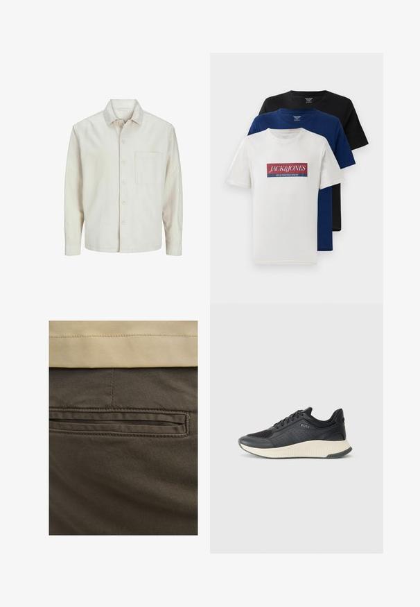 Beige knap-skjorte lavet af bomuld med klassisk krave, lange ærmer, en brystlomme og en afslappet pasform. Glat, blød tekstur.; Tre stablede kortærmede t-shirts med runde halsudskæringer i hvid med rød og blå logo, navy blå og sort, præsenteret på hvid baggrund.; Brune bomuldsbukser med en synlig baglomme, prydet med diskrete syninger og en glat tekstur. Linningen har en kontrasterende beige farve.; Sort atletisk sneakers med en mesh-overdel med perforeringer, en tekstureret mellemsål i cremefarve og en gummisål for godt greb.