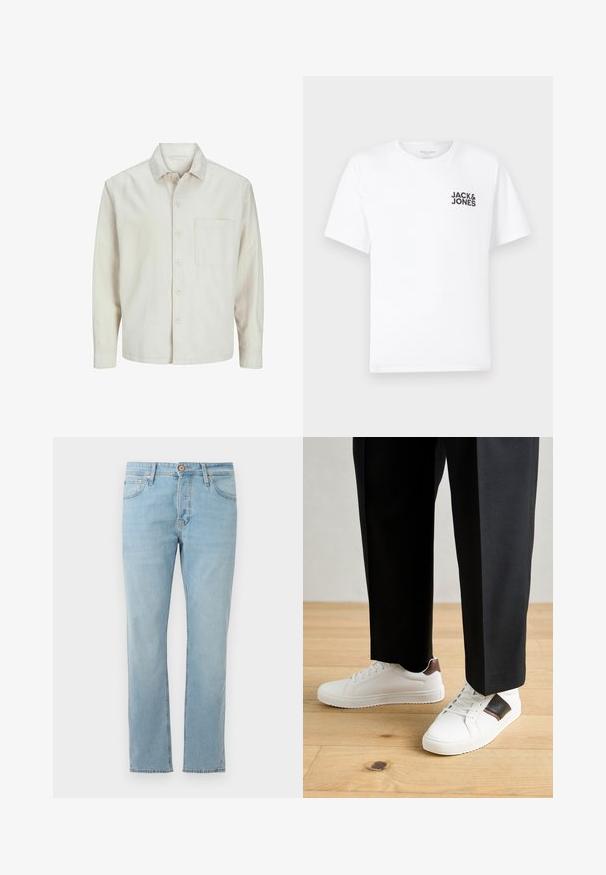 Béžová košeľa s gombíkmi vyrobená z bavlny, s klasickým golierom, dlhými rukávmi, jednou náprsní kapsou a voľným strihom. Hladká, mäkká textúra.; Biely bavlnený tričko, krátke rukávy, klasický výstrih. Obsahuje čierny textový logotyp "JACK & JONES" na ľavej strane hrudníka. Jednoduchý, hladký dizajn.; Svetlo modré denimové džínsy so strihom rovného kúsku, piatimi vreckami a gombíkovým zapínaním v páse, zobrazené v plochom prevedení na bielom pozadí.; Biele tenisky s hladkým povrchom, s hnedými koženými akcentmi a čiernymi detailmi, spárované s čiernymi elegantnými nohavicami. Pozadím je drevená podlaha.