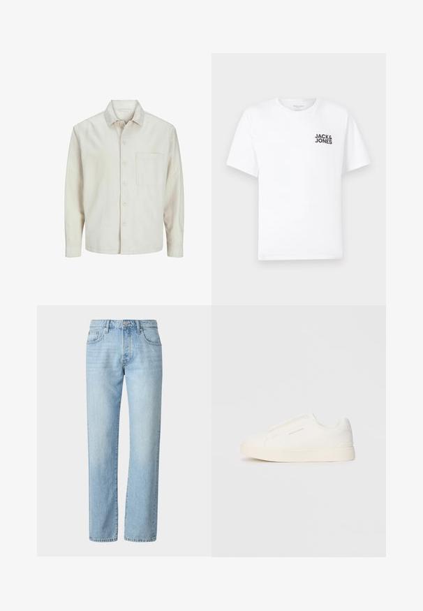 Beige Hemd mit Knopfleiste aus Baumwolle, klassischem Kragen, langen Ärmeln, einer Brusttasche und lockerer Passform. Glatte, weiche Textur.; Weißes Baumwoll-T-Shirt mit kurzen Ärmeln und Rundhalsausschnitt. Enthält ein schwarzes Textlogo "JACK & JONES" auf der linken Brustseite. Einfaches, schlichtes Design.; Helle blaue Jeans mit geradem Schnitt, klassischem Fünf-Taschen-Design und dezenten Ausbleichungen im gesamten Stoff.; Weiße Slip-On-Sneaker mit einer strukturierten Oberfläche, dicker Sohle und minimalistischem Design. Mit Logo der Marke an der Seite.