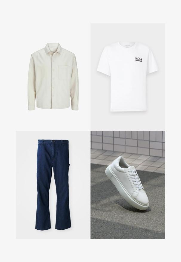 Béžová košeľa s gombíkmi vyrobená z bavlny, s klasickým golierom, dlhými rukávmi, jednou náprsní kapsou a voľným strihom. Hladká, mäkká textúra.; Biely bavlnený tričko, krátke rukávy, klasický výstrih. Obsahuje čierny textový logotyp "JACK & JONES" na ľavej strane hrudníka. Jednoduchý, hladký dizajn.; Modré riflové nohavice s rovnými nohavicami, zapínaním na gombík a dvoma bočnými vreckami s jemným vyblednutím textúry.; Biele kožené tenisky s hladkým povrchom, okrúhlym špičkou a plochými bielymi šnúrkami. Obsahuje štruktúrovanú gumovú podrážku a minimalistický dizajn.