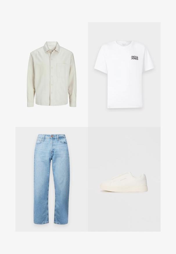 Bež košulja s dugim rukavima od pamuka, klasičnog ovratnika, s jednom džepom na prsima i opuštenim krojem. Glatka, meka tekstura.; Bijela pamučna majica, kratki rukavi, okrugli izrez. Sadrži crni tekstualni logo "JACK & JONES" na lijevoj strani prsnog dijela. Jednostavan, običan dizajn.; Svijetloplavi traperice s ravnim krojem, pet džepova i zatvaranjem na gumb. Glatka tekstura i minimalno izbjeljivanje s ukrasnim šavovima.; Bijele slip-on tenisice s teksturiranom površinom, debelim đonom i minimalističkim dizajnom. Sadrže logo branda sa strane.