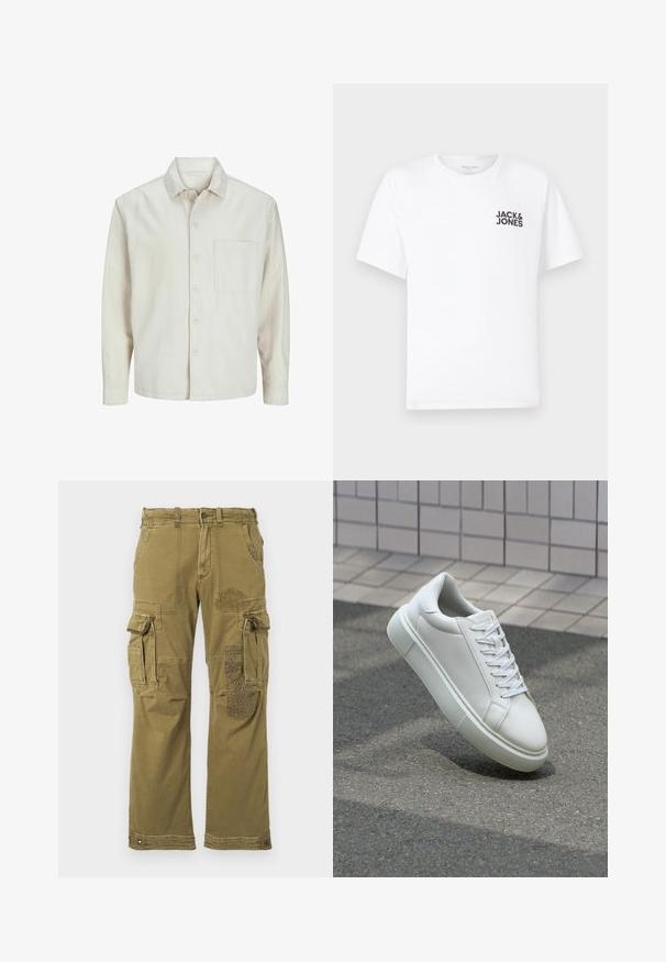 Cămașă bej cu nasturi, din bumbac, cu guler clasic, mâneci lungi, un buzunar la piept și o croială lejeră. Textură netedă și moale.; Trișor alb din bumbac, cu mâneci scurte și guler rotund. Prezintă un logo cu text negru "JACK & JONES" în zona stângă a pieptului. Design simplu, de bază.; Pantaloni cargo verde măsliniu, cu multiple buzunare, prezentând o broderie decorativă pe piciorul drept și cusături întărite. Croială casual și textură a materialului.; Sneaker alb din piele cu o suprafață netedă, vârf rotund și șireturi plate albe. Dispune de o talpă din cauciuc texturată și elemente de design minimale.