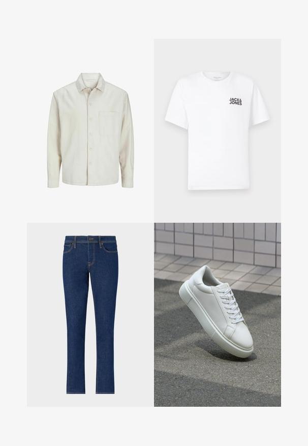 Beige pogrieta krekls no kokvilnas ar klasisku apkakli, garām piedurknēm, vienu krūšpocketu un brīvu piegriezumu. Gluda, maiga tekstūra.; Balts kokvilnas t-krekls, īsām piedurknēm, apaļo kakla izgriezumu. Uz kreisās krūts daļas ir melna teksta druka "JACK & JONES". Vienkāršs, bezpušķains dizains.; Tumši zili džinsi ar taisnu kāju dizainu, ar smalku izšuvumu, piecām kabatām un pogu aizdari jostas vietā.; Baltas ādas sporta apavi ar gludu virsmu, apaļu pirkstu un plakanām baltām šņorēm. Iezīmējas ar strukturētu gumijas zoli un minimālisma dizaina elementiem.