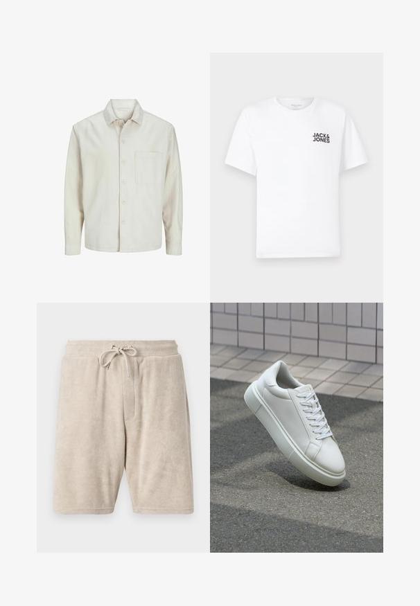 Beige Hemd mit Knopfleiste aus Baumwolle, klassischem Kragen, langen Ärmeln, einer Brusttasche und lockerer Passform. Glatte, weiche Textur.; Weißes Baumwoll-T-Shirt mit kurzen Ärmeln und Rundhalsausschnitt. Enthält ein schwarzes Textlogo "JACK & JONES" auf der linken Brustseite. Einfaches, schlichtes Design.; Beige Handtuchstoff-Shorts mit einem elastischen Bund und verstellbarem Kordelzug. Mit einer vorderen Tasche und knielangem Design.; Weiße Leder-Sneaker mit glatter Oberfläche, runder Zehenpartie und flachen weißen Schnürsenkeln. Verfügt über eine strukturierte Gummisohle und minimalistische Designelemente.