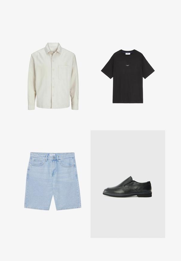Camisa de botón de color beige hecha de algodón, con un cuello clásico, mangas largas, un bolsillo en el pecho y un corte relajado. Textura suave y lisa.; Camiseta de algodón negra con cuello redondo y mangas cortas. Presenta un pequeño logotipo blanco en la parte delantera. Diseño sencillo, corte relajado.; Shorts de mezclilla azul claro con corte recto, que cuentan con bolsillos frontales, cierre de botón y un acabado desgastado. Diseño clásico de cinco bolsillos.; Zapato negro de cuero sin cordones con un upper suave, detalles de costura, punta redonda y un bajo tacón de goma. La suela presenta una tracción mínima.