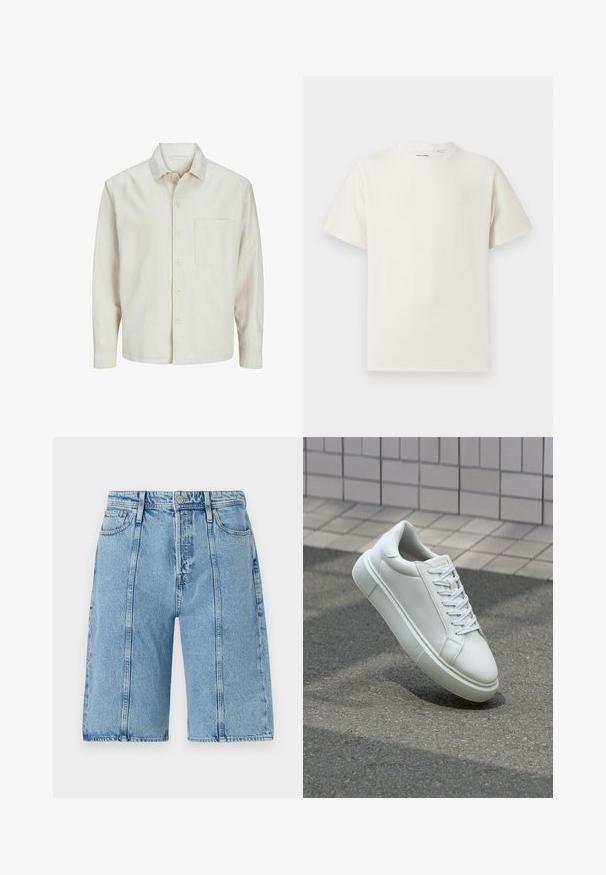 Bež košulja s dugim rukavima od pamuka, klasičnog ovratnika, s jednom džepom na prsima i opuštenim krojem. Glatka, meka tekstura.; Bijela kratka majica s kratkim rukavima u rebrastoj teksturi. Okrugli izrez, ležeran kroj, bez vidljivih uzoraka ili akcenta. Jednostavan i svestran dizajn.; Svijetloplave traper šortse s ravnim krojem, pet džepova i suptilnim izblijedjeljem, s metalnim dugmadi i akcentima šivanja.; Bijela kožna tenisica s glatkom površinom, okruglim vrhom i ravnim bijelim vezicama. Ima teksturiran gumeni potplat i minimalne dizajnerske elemente.