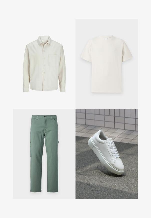 Cămașă bej cu nasturi, din bumbac, cu guler clasic, mâneci lungi, un buzunar la piept și o croială lejeră. Textură netedă și moale.; Tricou alb cu maneci scurte, dintr-un material ribbed. Guler rotund, croi lejer, fără modele sau accente vizibile. Design simplu și versatil.; Pantaloni cargo verzi dintr-un material durabil, cu un design drept al picioarelor, buzunare laterale și închidere cu nasture. Textură netedă și stil minimalist.; Sneaker alb din piele cu o suprafață netedă, vârf rotund și șireturi plate albe. Dispune de o talpă din cauciuc texturată și elemente de design minimale.