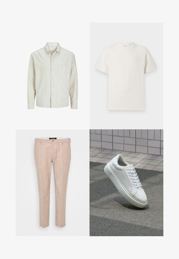 Beige nööbiga särk, mis on valmistatud puuvillast, klassikalise krae, pikkade varrukate, ühe rinnatasku ja avara lõikega. Sujuv, pehme tekstuur.; Valge lühikeste varrukatega T-särk ribakudumises. Ümar kaelus, mugav lõige, nähtavad mustrid ega aksessuaarid puuduvad. Lihtne ja mitmekesine disain.; Heledadbeez trouserid linasegude segust, millel on lame eesmine osa, vöörihmade jaoks silmad ja üks nupuvajutus. Kohandatud sirge säärega disain.; Valge nahkline sneka, millel on sile pind, ümar varvas ja lame valge pael. Omab tekstuuriga kummist talla ja minimaalset kujunduselementi.