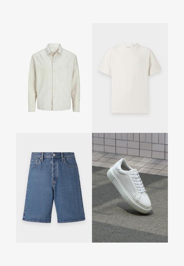 Béžová košeľa s gombíkmi vyrobená z bavlny, s klasickým golierom, dlhými rukávmi, jednou náprsní kapsou a voľným strihom. Hladká, mäkká textúra.; Biela krátka tričko s krátkym rukávom so žebrovanou textúrou. Okrúhly výstrih, uvoľnený strih, žiadne viditeľné vzory ani akcenty. Jednoduchý a všestranný dizajn.; Džínové šortky svetlomodrej farby so zosvetlenou textúrou, s piatimi vreckami a gombíkovým zapínaním v páse.; Biele kožené tenisky s hladkým povrchom, okrúhlym špičkou a plochými bielymi šnúrkami. Obsahuje štruktúrovanú gumovú podrážku a minimalistický dizajn.