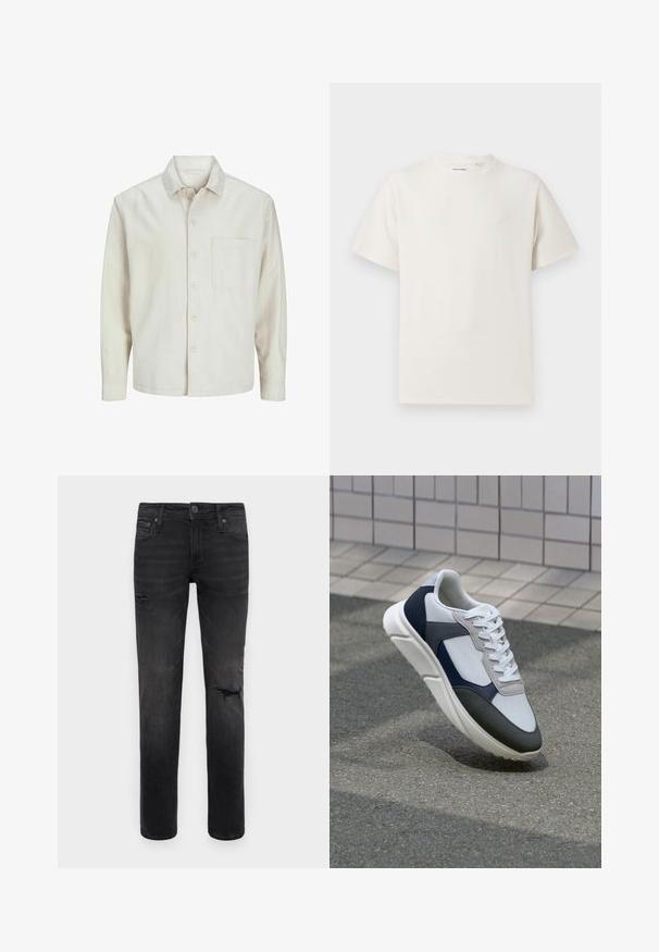 Beige knäppskjorta i bomull med klassisk krage, långa ärmar, en bröstficka och en avslappnad passform. Slät, mjuk textur.; Vit t-shirt med kort ärm i ribbad struktur. Rund halsringning, löst sittande passform, inga synliga mönster eller detaljer. Enkelt och mångsidigt design.; Svarta denimjeans med smal passform, med slitna områden ovanför knäna och subtila blekningar, standard femficksdesign och knappstängning.; Vit, marinblå och grå sneaker med en blandad materialdesign, som har ett texturerat ovandel, platta snören och en vadderad sula.